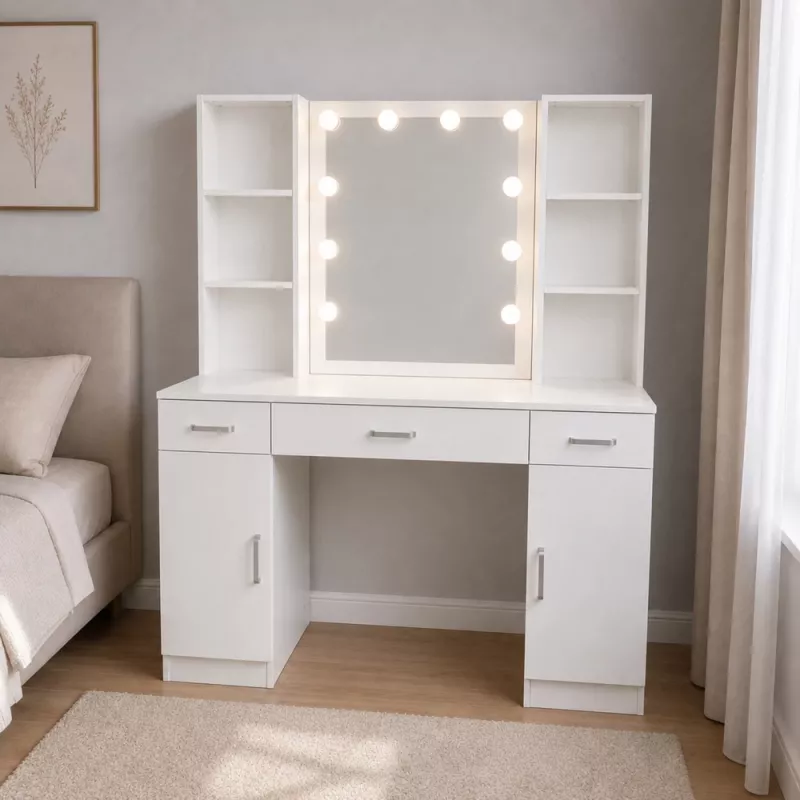 LEAN Kosmetik-Schminktisch mit LED-Spiegel, Schubladen und Schrank, Weiß, 141x114x39 cm