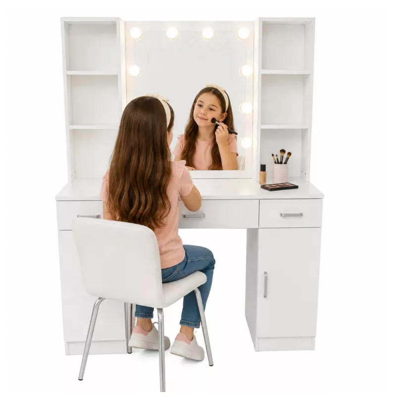 LEAN Kosmetik-Schminktisch mit LED-Spiegel, Schubladen und Schrank, Weiß, 141x114x39 cm
