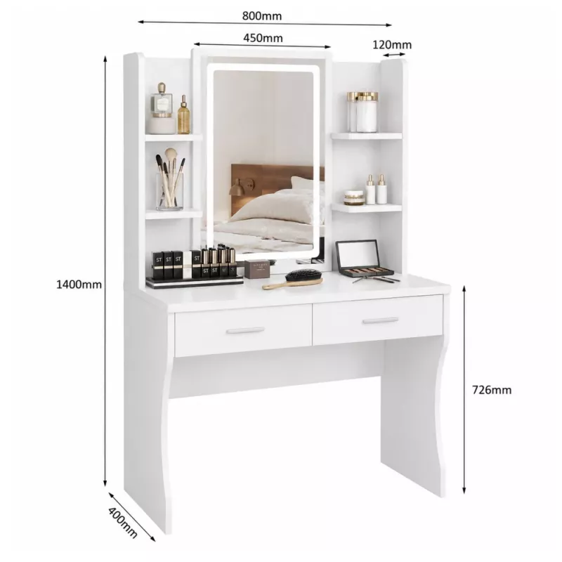 LEAN Kosmetiktisch mit LED-Spiegel, Regalen, Schubladen, Weiß 140x80x40 cm