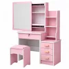 LEAN Kosmetik-Schminktisch mit Spiegel, 4 Schubladen, Regalen und Hocker, Pink 130x80x36 cm