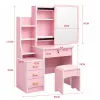 LEAN Kosmetik-Schminktisch mit Spiegel, 4 Schubladen, Regalen und Hocker, Pink 130x80x36 cm