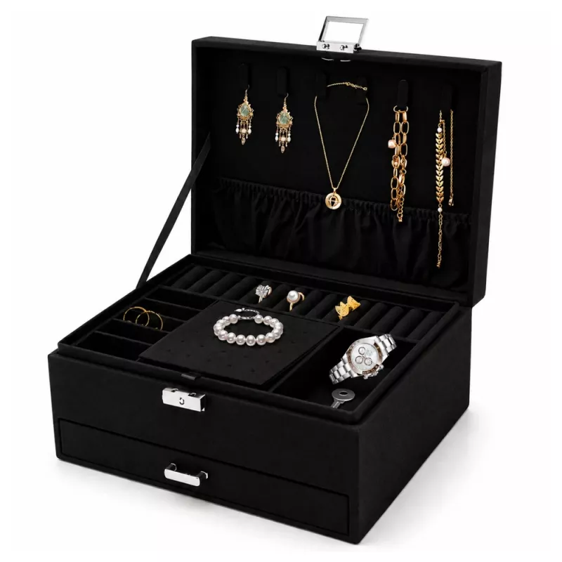 LEAN Schmuck-Organizer-Box mit Schublade und Schlüssel, schwarzer Samt