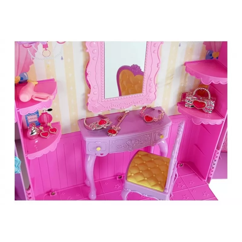 LEAN TOYS Ankleidezimmer mit Licht und Spiegel für 26 cm Puppen - Kleiderset und Accessoires