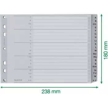 Leitz A-Z Alphabetischer Register, A4, graue Kunststofftabs auf 250 g/m² Karton, 20-teilig, 11-Loch Universalstanze 1262-01-00