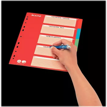 LEITZ Kartonregister, Blanko-Tabs, A4, 5-teilig, mehrfarbig, 160 g/m², mit rotem beschriftbarem Deckblatt 250 g/m² (4386-60-00)