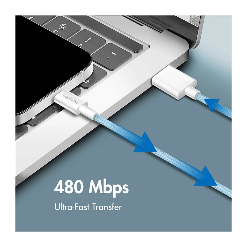 LogiLink CU0329 USB 2.0 Type-C Kabel, A/M auf C/M, 480 Mbps, 60W, Nylon, Blau, 0,5 m