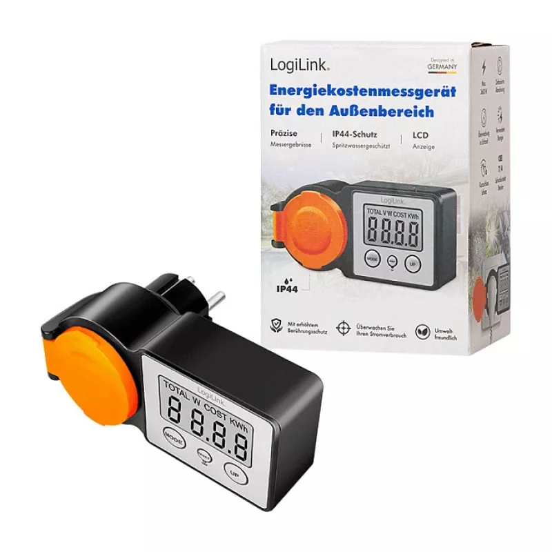 LogiLink Energiekostenmessgerät Outdoor, LCD-Anzeige, Schwarz/Orange