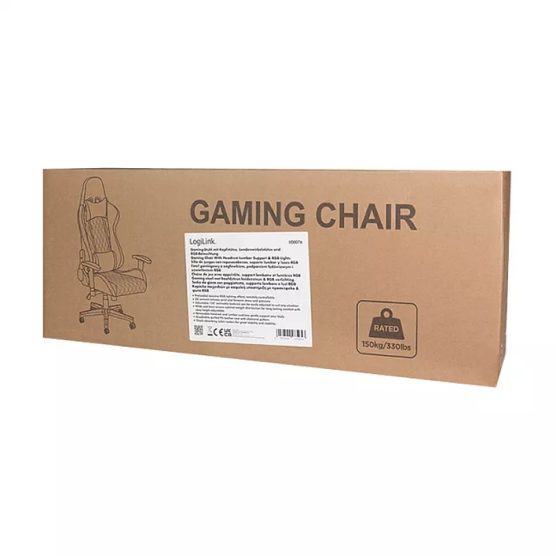 LogiLink EO0076 Gaming Chair mit RGB-Beleuchtung, Lendenwirbelstütze, Schwarz/Blau