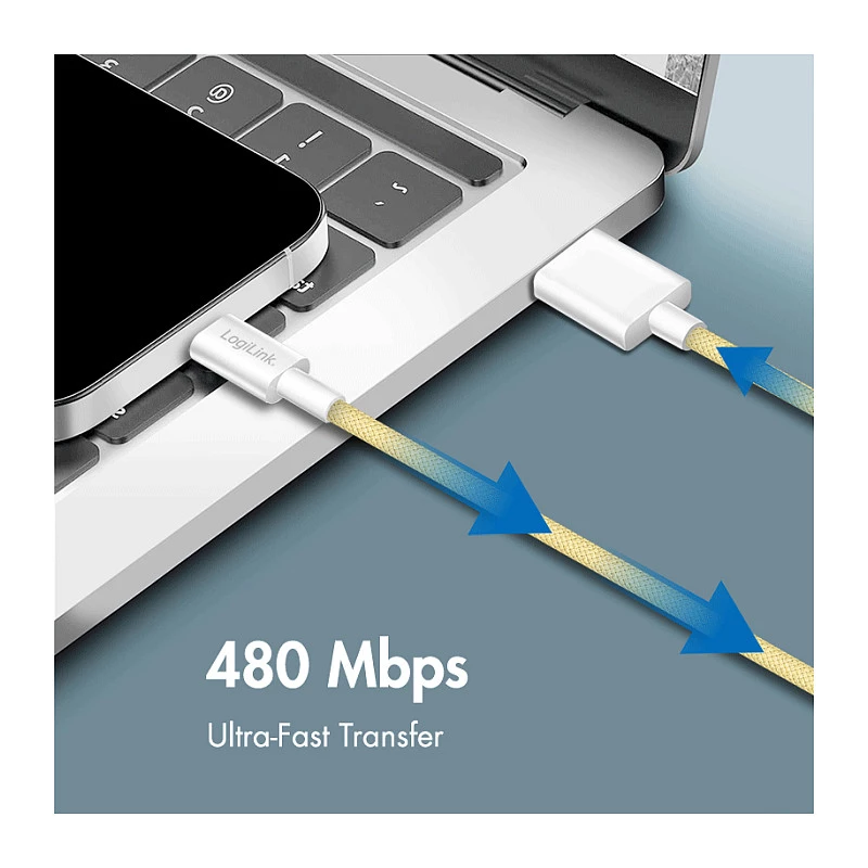 LogiLink USB 2.0 Type-C Kabel, A/M auf C/M, 480 Mbps, 60W, Nylon, Gelb, 0,5 m
