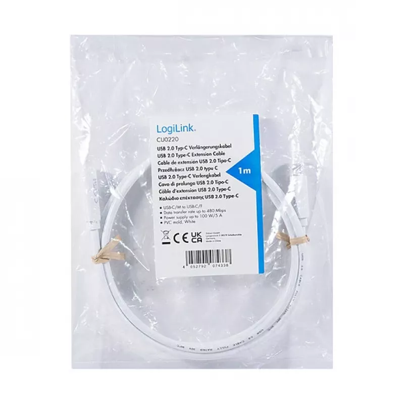 LOGILINK USB 2.0 Type-C Verlängerungskabel – USB-C Stecker auf Buchse, 480 Mbit/s, 100W Power Delivery, Weiß, 1m