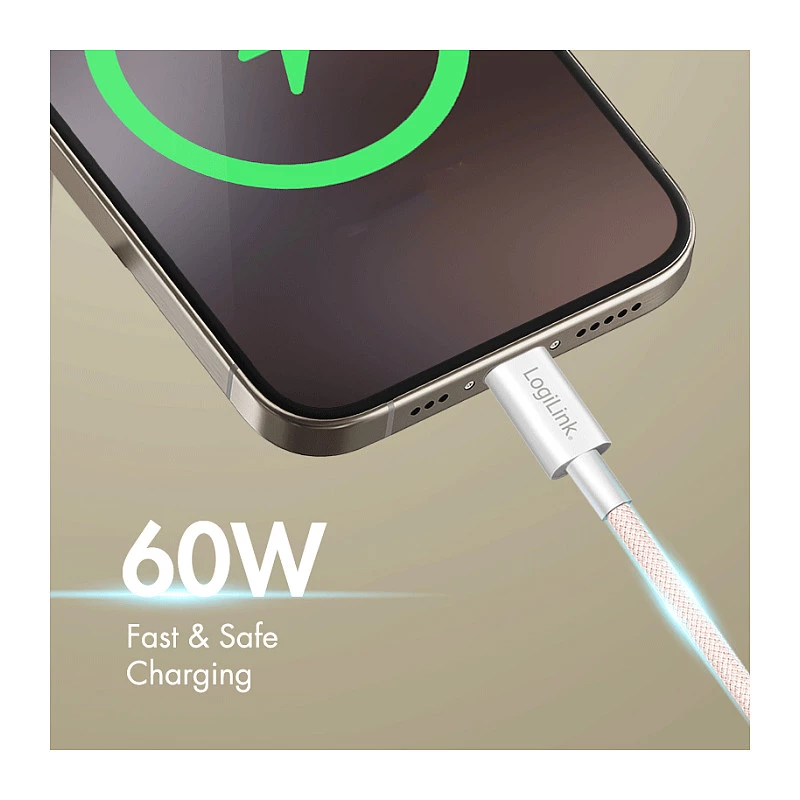 LogiLink USB 2.0 Type-C auf Type-C Kabel, 1m, 60W Power Delivery, Nylon geflochten, Pink