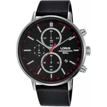 Lorus Herren Quarzuhr RM365FX9 - 43mm Edelstahlgehäuse, schwarzes Zifferblatt, silbernes Armband, 100m Wasserbeständigkeit