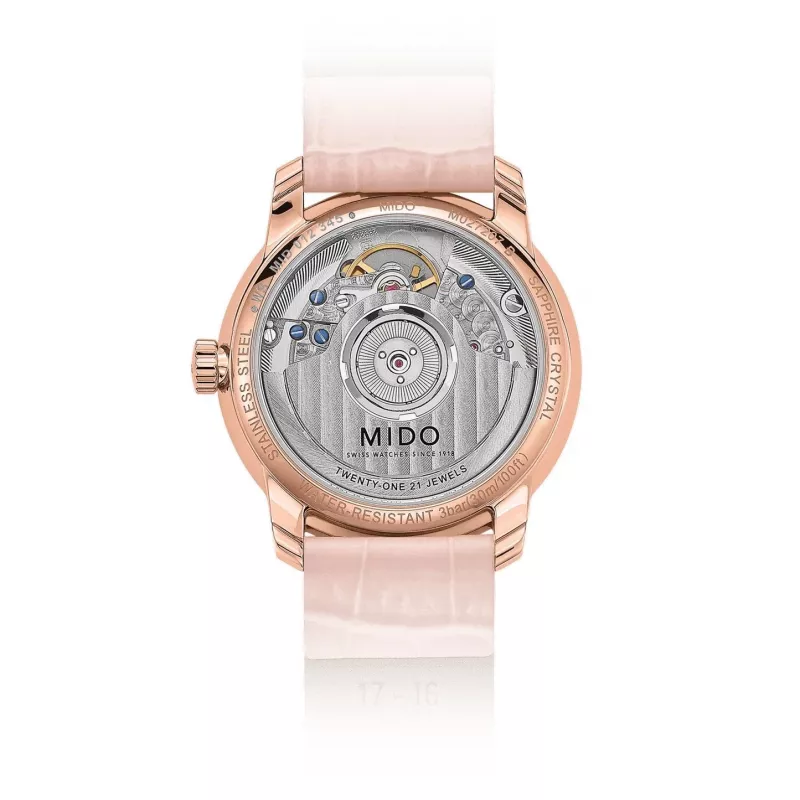 MIDO Baroncelli III Lady Automatikuhr 33mm Roségold PVD Edelstahl Silbernes Zifferblatt Braunes Lederarmband M027207360100