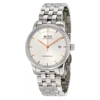 MIDO Herren Baroncelli III Automatikuhr 38mm silbernes Zifferblatt braunes Lederarmband M86004101