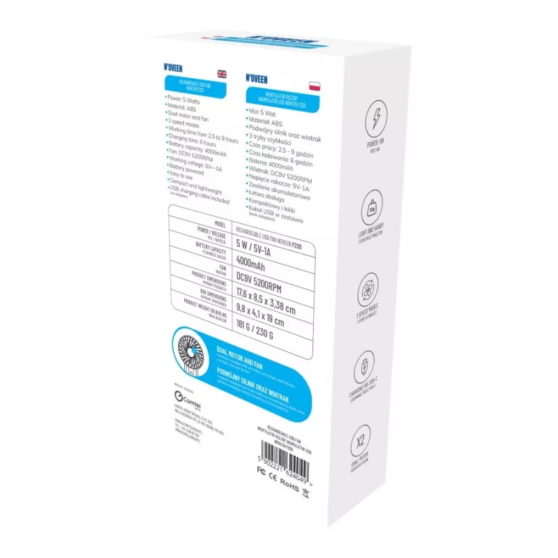 N'OVEEN NOVEEN F220 USB wiederaufladbarer Handventilator