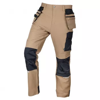 NEO TOOLS Mix&Match 4-Wege-Stretch-Arbeitshose mit Holstertaschen, Cordura-verstärkt, Beige/Schwarz, Größe S