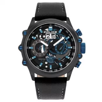 POLICE Herren Quarz Analog Uhr PL16018JSU02 48mm Blaues Zifferblatt Lederarmband
