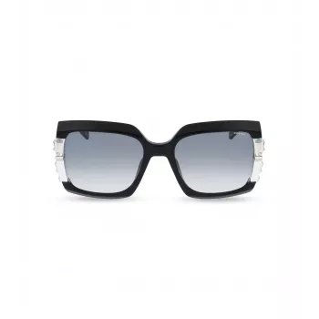 POLICE Damen-Sonnenbrille SPLG23M570700 Geometrischer schwarzer Acetat-Rahmen graue Polycarbonat-Gläser 57mm