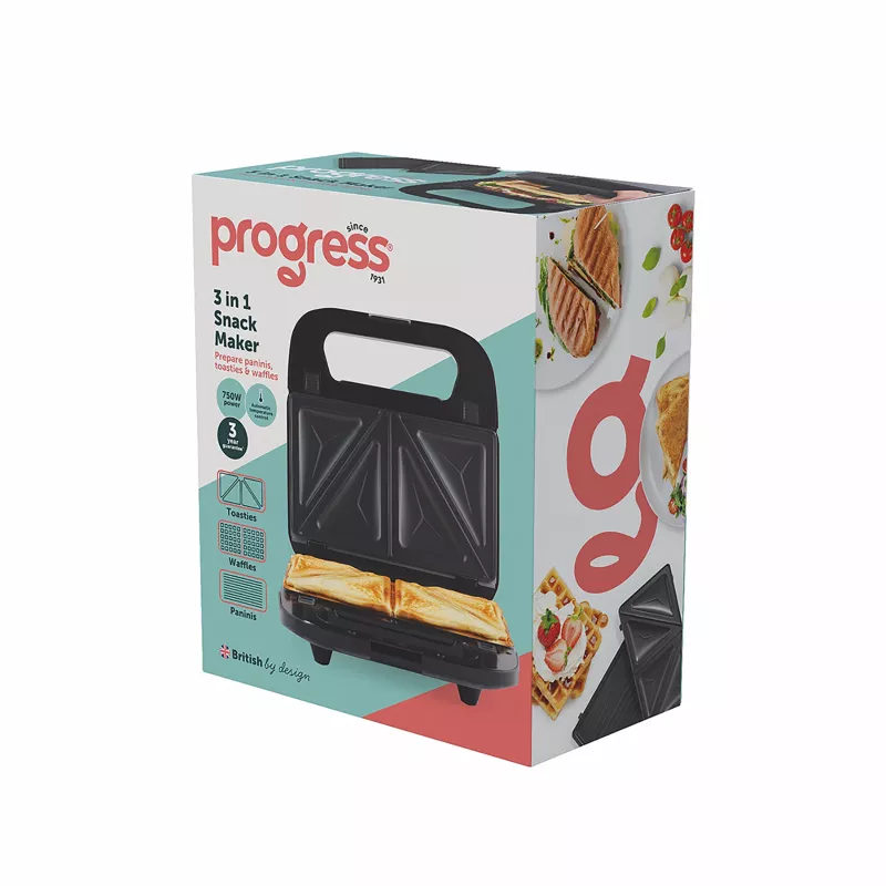 Progress EK6666PVDE 3 in 1 Snack Maker – Waffel-, Sandwich- & Donut-Maker, 900W, Schwarz