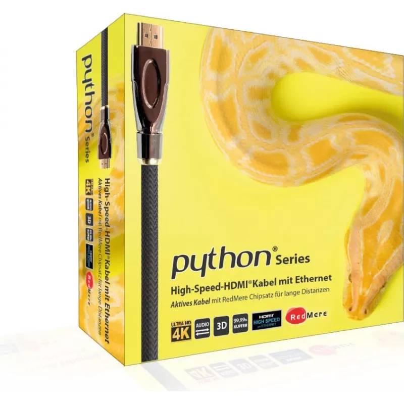 PYTHON GC-M0022 20m aktives High-Speed HDMI-Kabel mit Ethernet, 4K2K/UHD, Redmere-Chip, vergoldete Kontakte, OFC, Nylongeflecht, Schwarz