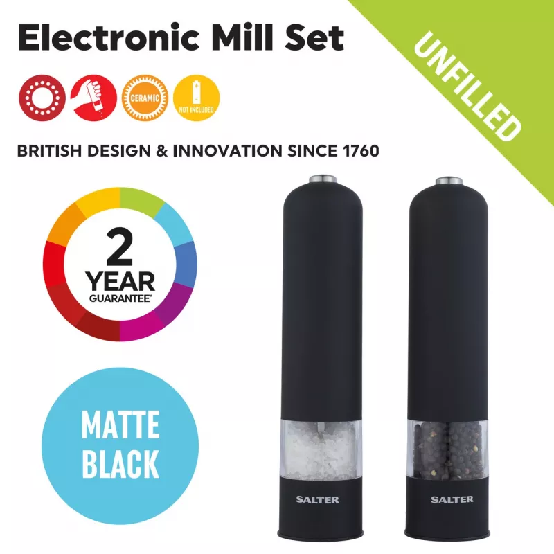 Salter 7524 BKXRUP3 Soft-Touch Elektrisches Mühlen-Set, Mattschwarz