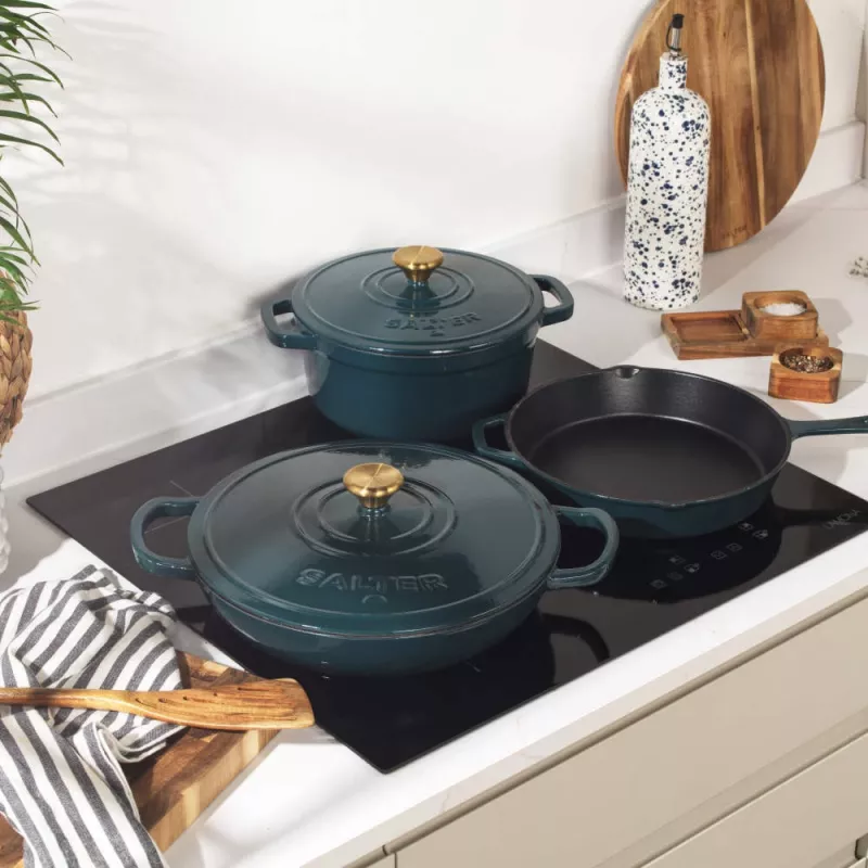 Salter BW13772GR Chester 2.8L Shallow Cast Iron Casserole Pot 30 cm, Green