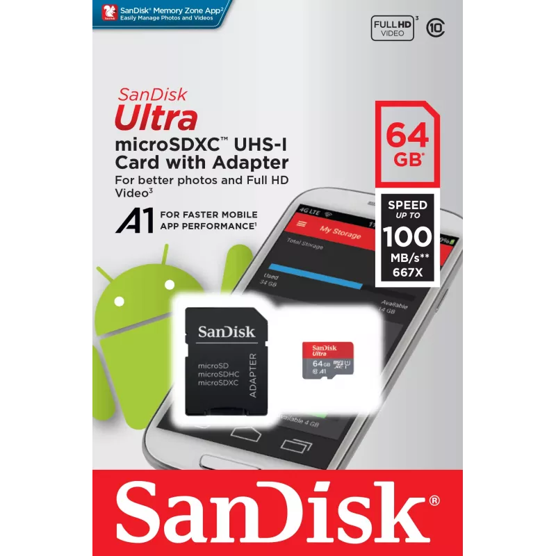 SanDisk Ultra 64GB microSDXC Speicherkarte mit SD Adapter