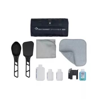 Sea To Summit Camp Kitchen Tool Kit - Geschirrspülset mit Silikonschrubber, Mikrofasertuch und 50 ml Wilderness Wash