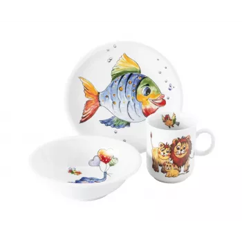 SELTMANN COLORFUL WILDLIFE Kindergeschirr-Set 3-teilig aus Porzellan - Teller, Schale, Becher - Tiermotive