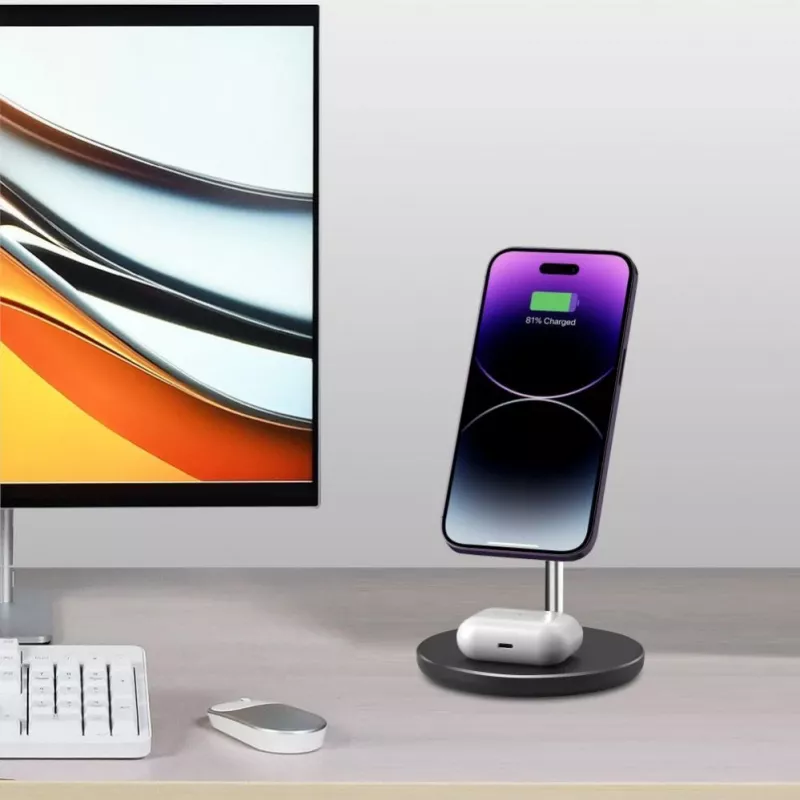 Tech-Protect QI15W-A21 MagSafe 15W Induktives Ladegerät mit 2-in-1 Smartphone/Kopfhörer-Ständer - Schwarz