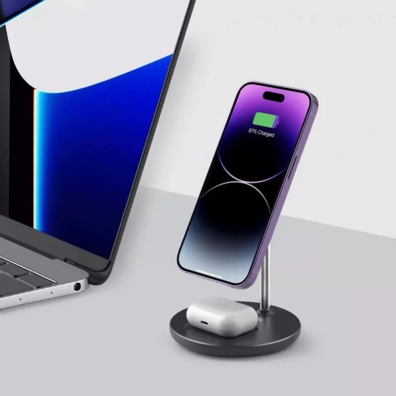 Tech-Protect QI15W-A21 MagSafe 15W Induktives Ladegerät mit 2-in-1 Smartphone/Kopfhörer-Ständer - Schwarz