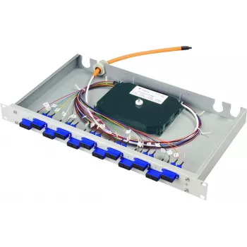 Telegärtner BASIS eco 1U 19 inch LWL-Patchpanel, 12x LC Duplex-Kupplungen, Phosphorbronze-Hülsen, 24x OM3 50/125µm Pigtails, 2m, Spleißbereit, Türkisfarbenes Kunststoffgehäuse