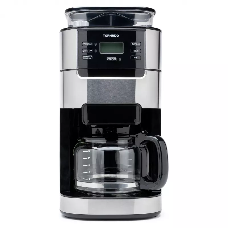 Tornado TCM-1025A-GS Filterkaffeemaschine mit integriertem Mahlwerk, 1,5 l, 12 Tassen, 1050 W, Edelstahl/Schwarz