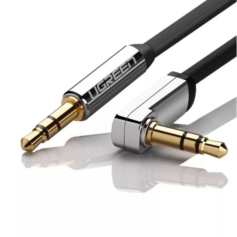 UGREEN AV119 3,5-mm-Flach-Aux-Kabel mit rechtwinkligem Stecker, 2 m - Schwarz/Silber
