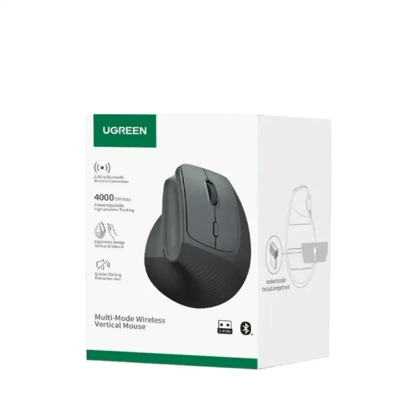 UGREEN Kabellose vertikale Maus, 2,4 GHz / Bluetooth 5.4, einstellbare DPI, Schwarz