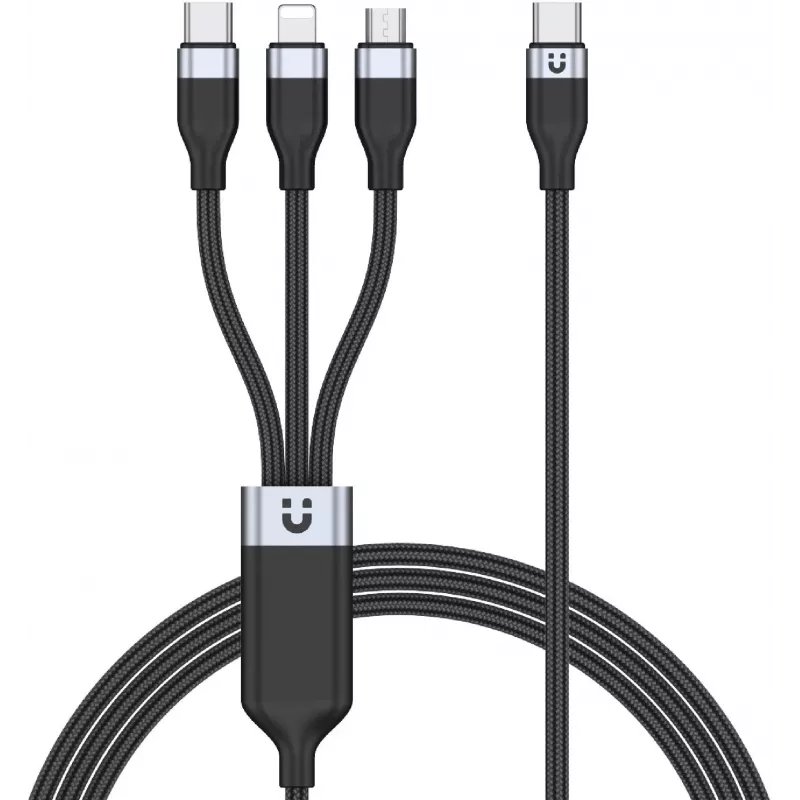 UNITEK 3-in-1 USB-A auf Lightning, USB-C, Micro USB Nylon-Geflecht-Ladekabel 1,5 m Schwarz