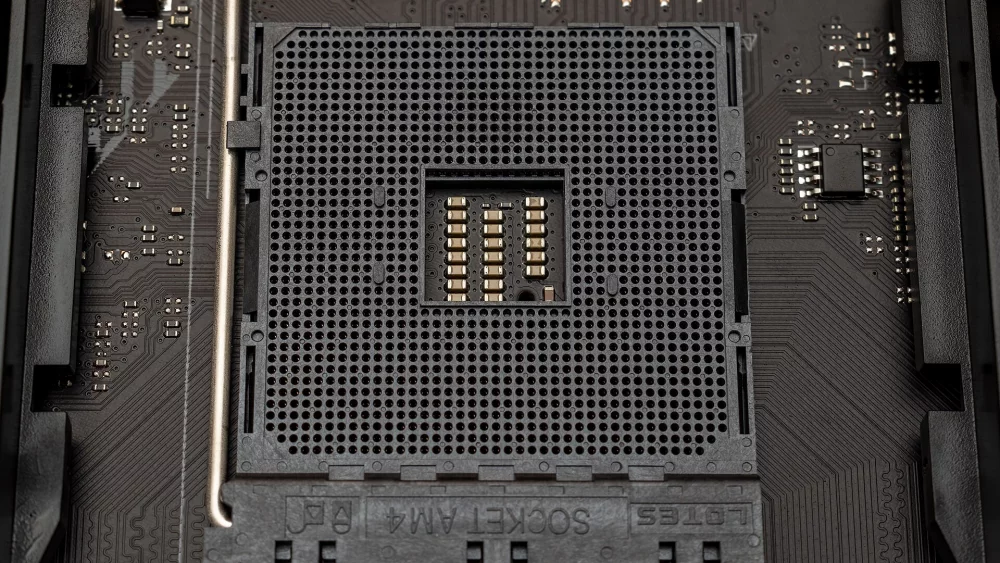Empty CPU socket on a motherboard